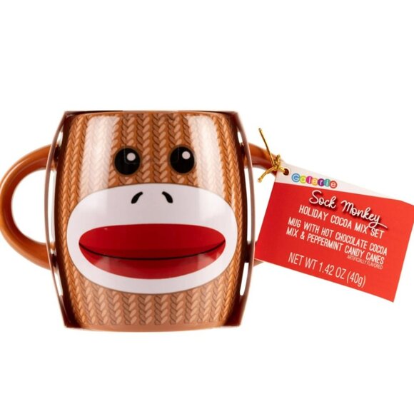 Two Sock Monkey Brown 2-Handle Mugs with Hot Cocoa Mix - Picture 1 of 7